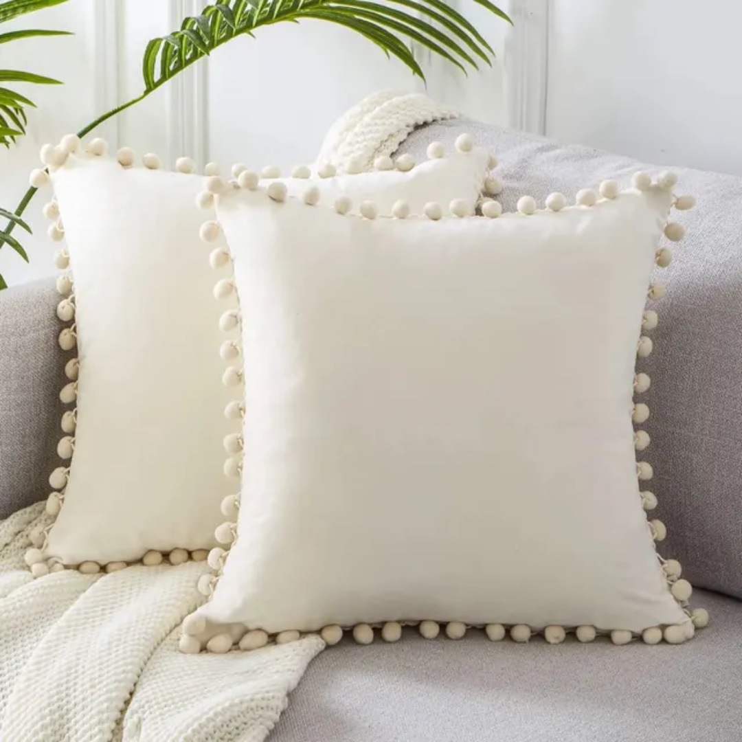 Bellamy Pom Pom Pillow Covers – Decorative Throw Cushion Cover Set White Cotton Linen Living Room Bedroom