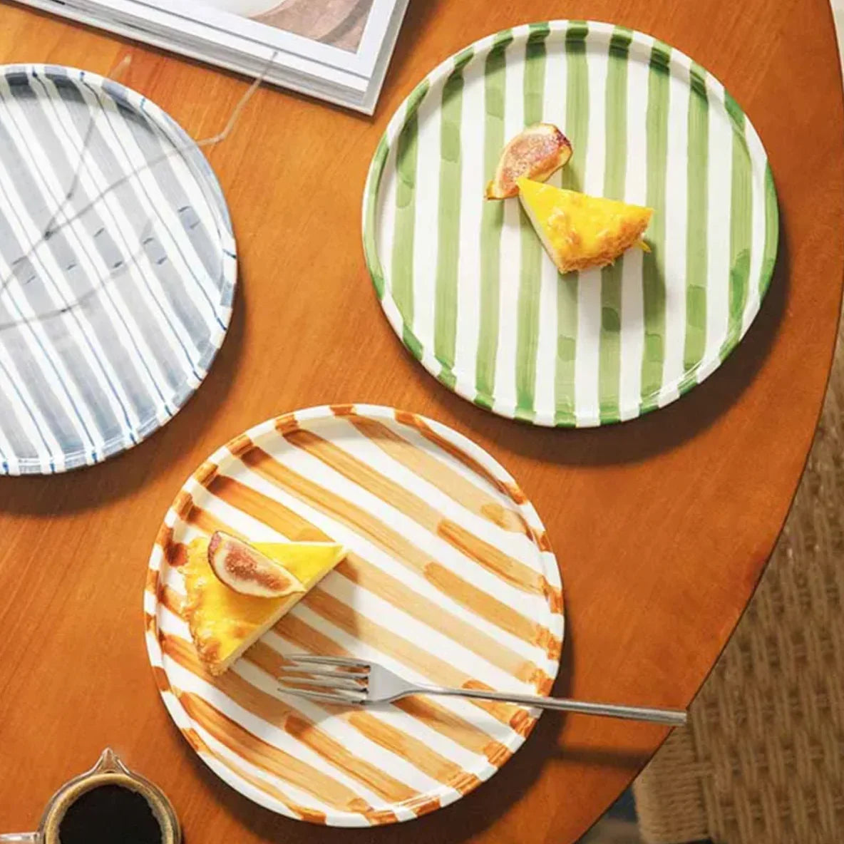 Stratum Stripe Dinnerware Set – Coffee Mug Plate Set Brown White Ceramic Tableware Decorating Coffee Table