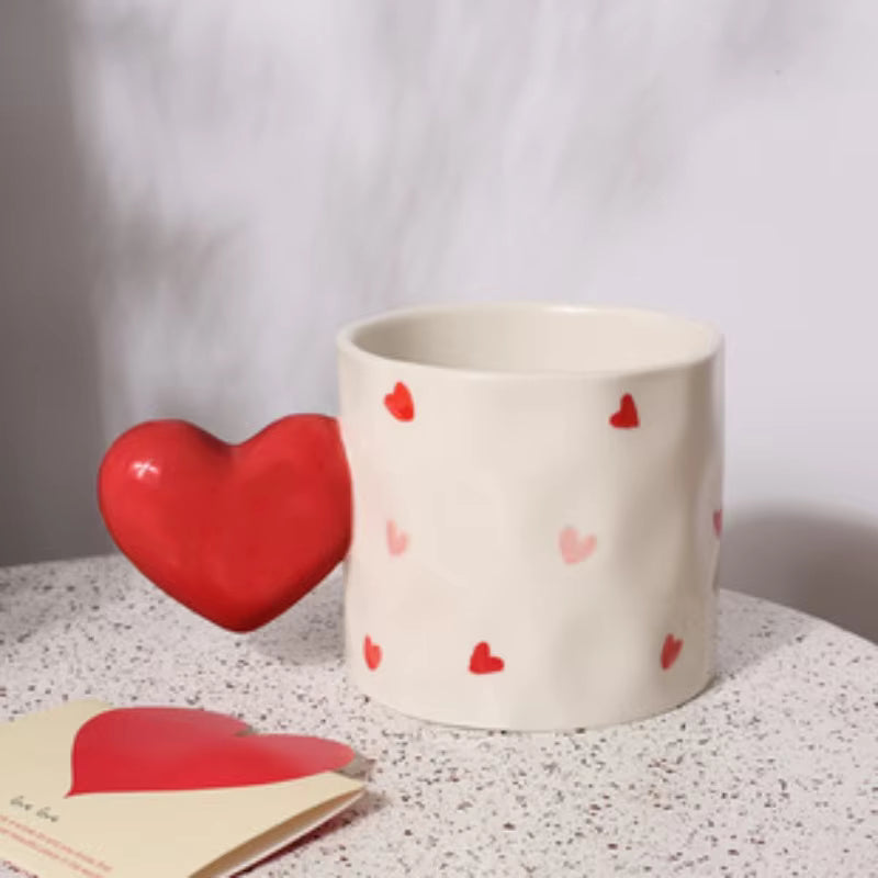 Amoré Ceramic Coffee Mug – Handpainted Heart Polka Dot Novelty Cup Large Handle Kitchen Dining