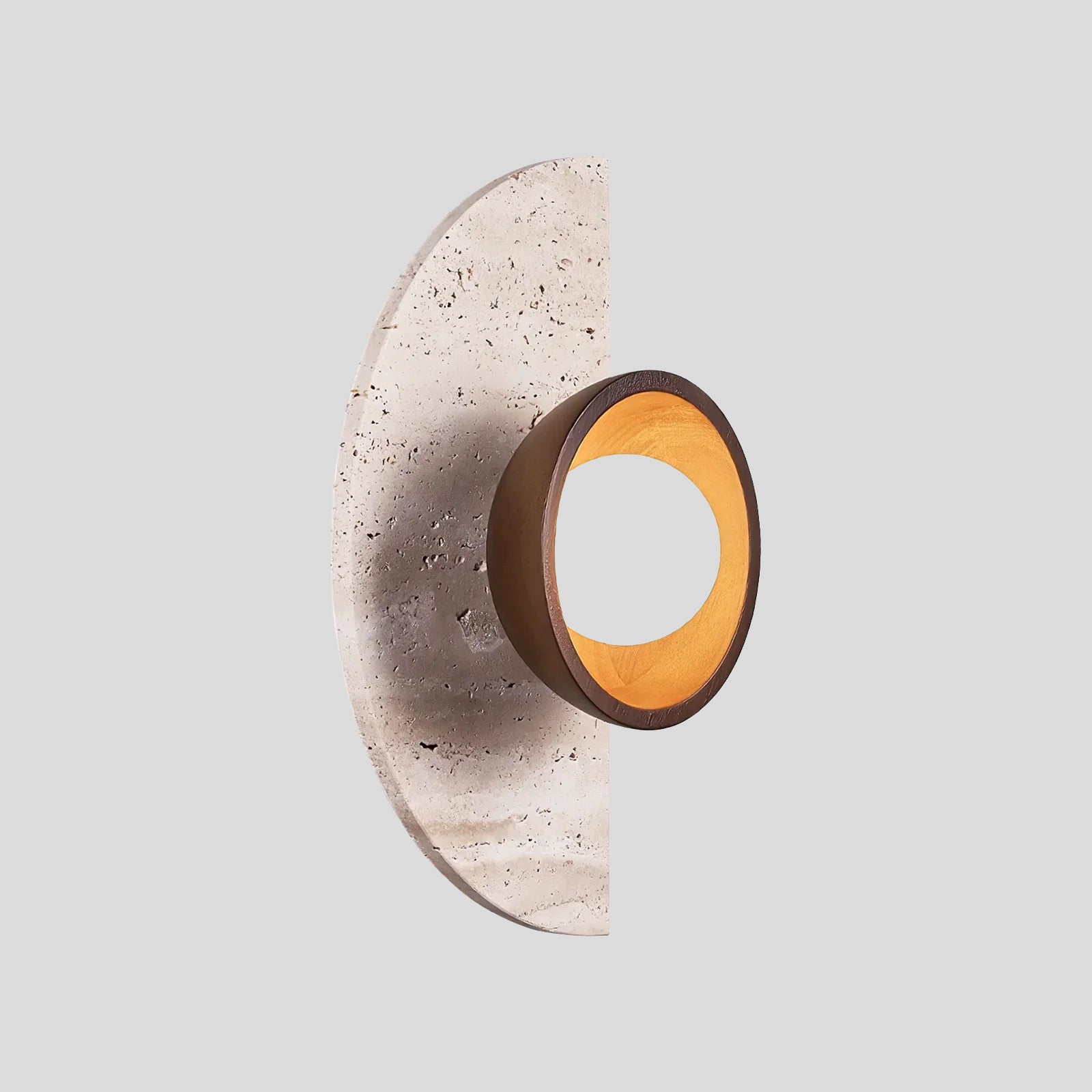 Terra Arc Wall Light – Semicircular Travertine Wall Light Warm Wood Framing Soft Glow Orb Modern Interiors