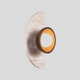 Terra Arc Wall Light – Semicircular Travertine Wall Light Warm Wood Framing Soft Glow Orb Modern Interiors