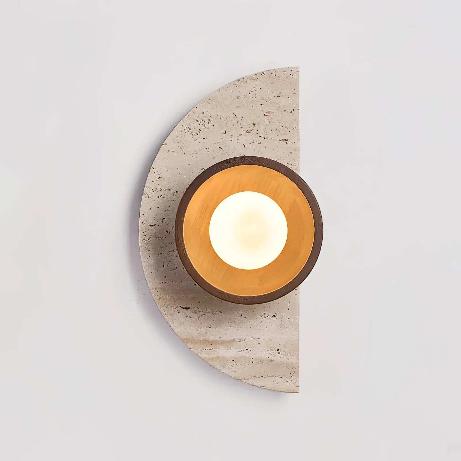 Terra Arc Wall Light – Semicircular Travertine Wall Light Warm Wood Framing Soft Glow Orb Modern Interiors