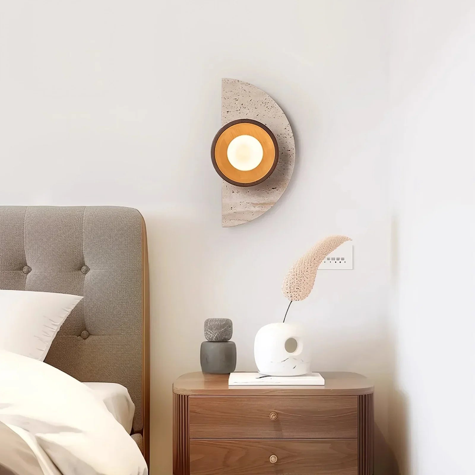Terra Arc Wall Light – Semicircular Travertine Wall Light Warm Wood Framing Soft Glow Orb Modern Interiors