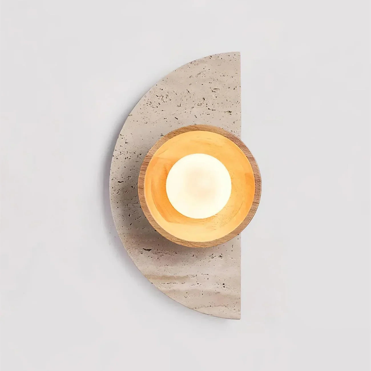 Terra Arc Wall Light – Semicircular Travertine Wall Light Warm Wood Framing Soft Glow Orb Modern Interiors