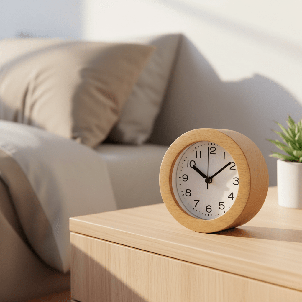 Orblen Desk Clock – Round Wood Analog Alarm Clock Silent Bedroom Bedside Table Decor