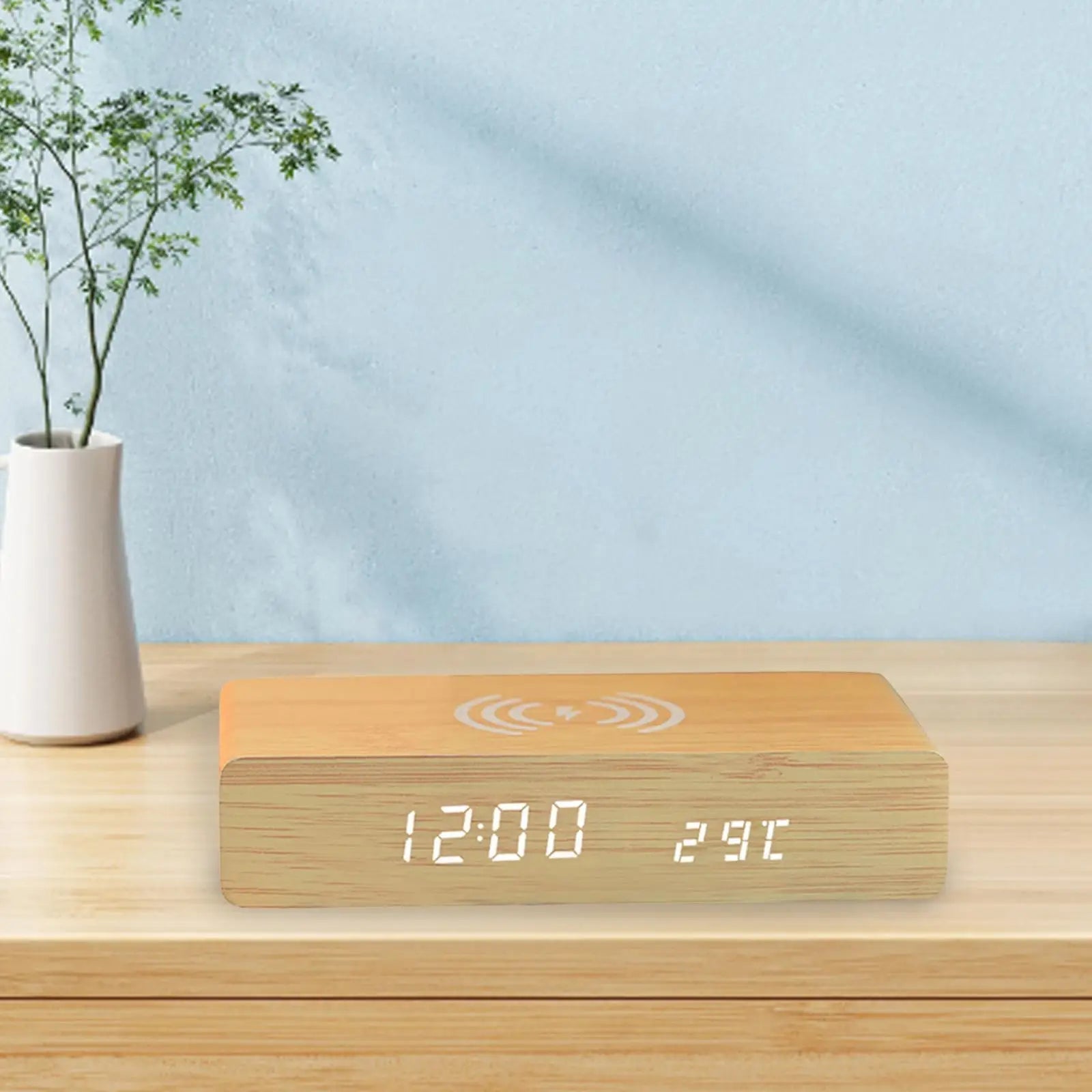 Voltric Wireless Charging Alarm Clock – Digital LED Display Wooden Temperature USB Bedside Charging Station