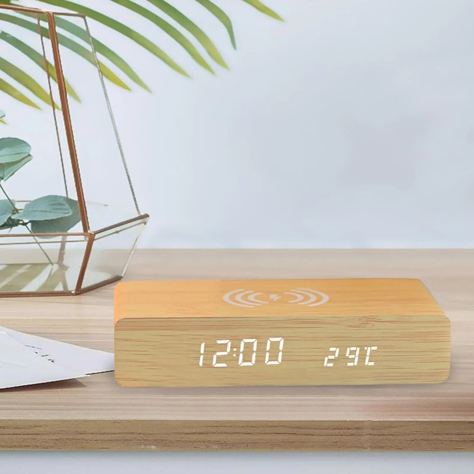 Voltric Wireless Charging Alarm Clock – Digital LED Display Wooden Temperature USB Bedside Charging Station