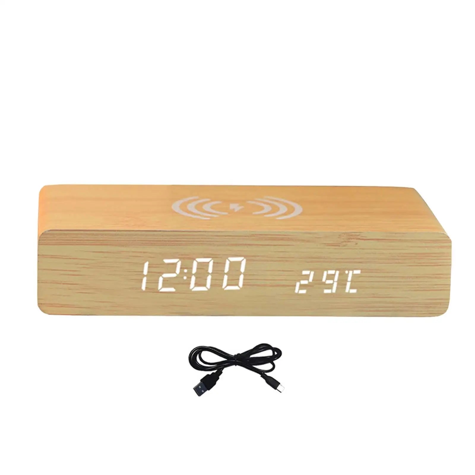 Voltric Wireless Charging Alarm Clock – Digital LED Display Wooden Temperature USB Bedside Charging Station