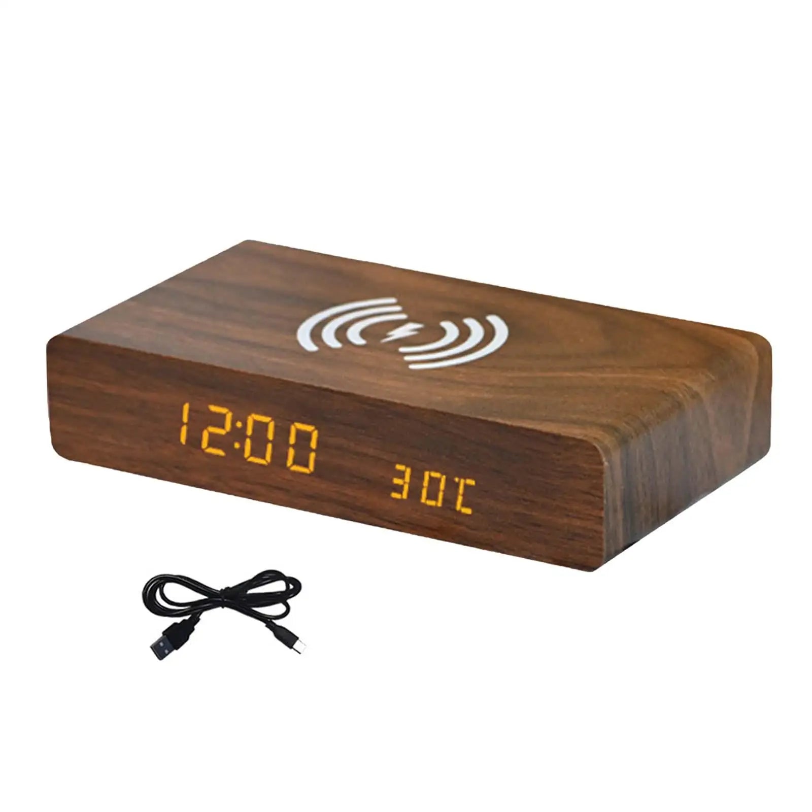 Voltric Wireless Charging Alarm Clock – Digital LED Display Wooden Temperature USB Bedside Charging Station