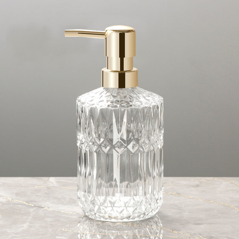 Prismelle Glass Soap Dispenser – Crystal Cut Design Gold Brass Pump Luxury Bathroom Kitchen Countertop