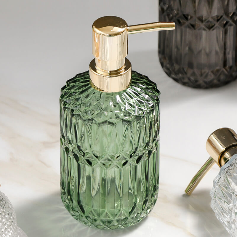 Prismelle Glass Soap Dispenser – Crystal Cut Design Gold Brass Pump Luxury Bathroom Kitchen Countertop
