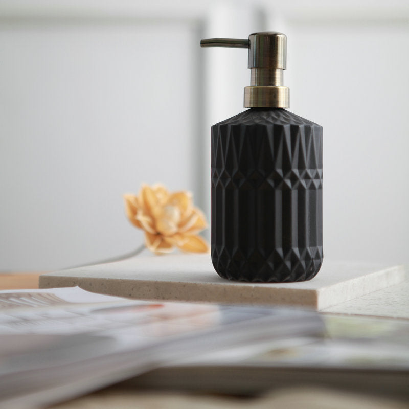 Prismelle Glass Soap Dispenser – Crystal Cut Design Gold Brass Pump Luxury Bathroom Kitchen Countertop