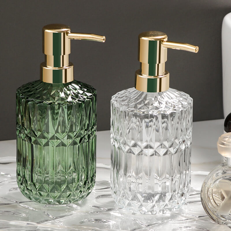 Prismelle Glass Soap Dispenser – Crystal Cut Design Gold Brass Pump Luxury Bathroom Kitchen Countertop