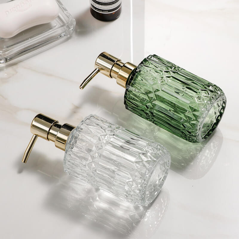 Prismelle Glass Soap Dispenser – Crystal Cut Design Gold Brass Pump Luxury Bathroom Kitchen Countertop