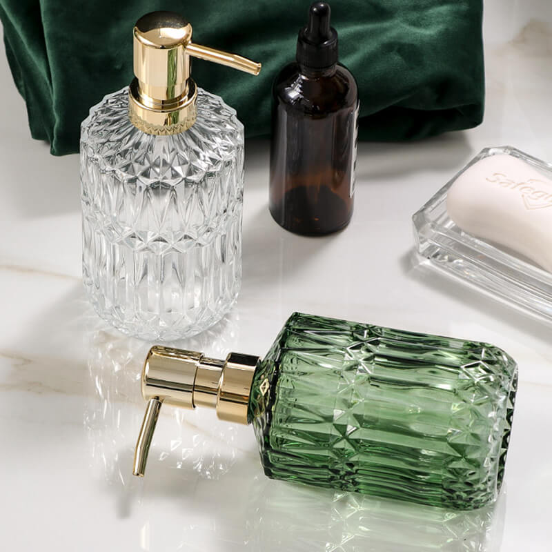 Prismelle Glass Soap Dispenser – Crystal Cut Design Gold Brass Pump Luxury Bathroom Kitchen Countertop