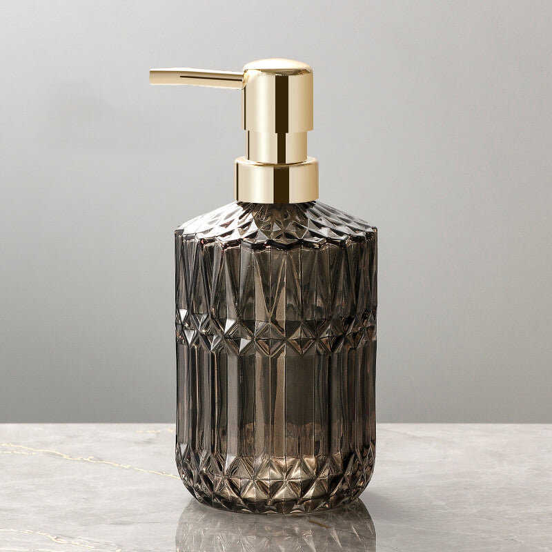Prismelle Glass Soap Dispenser – Crystal Cut Design Gold Brass Pump Luxury Bathroom Kitchen Countertop