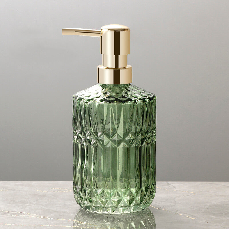 Prismelle Glass Soap Dispenser – Crystal Cut Design Gold Brass Pump Luxury Bathroom Kitchen Countertop
