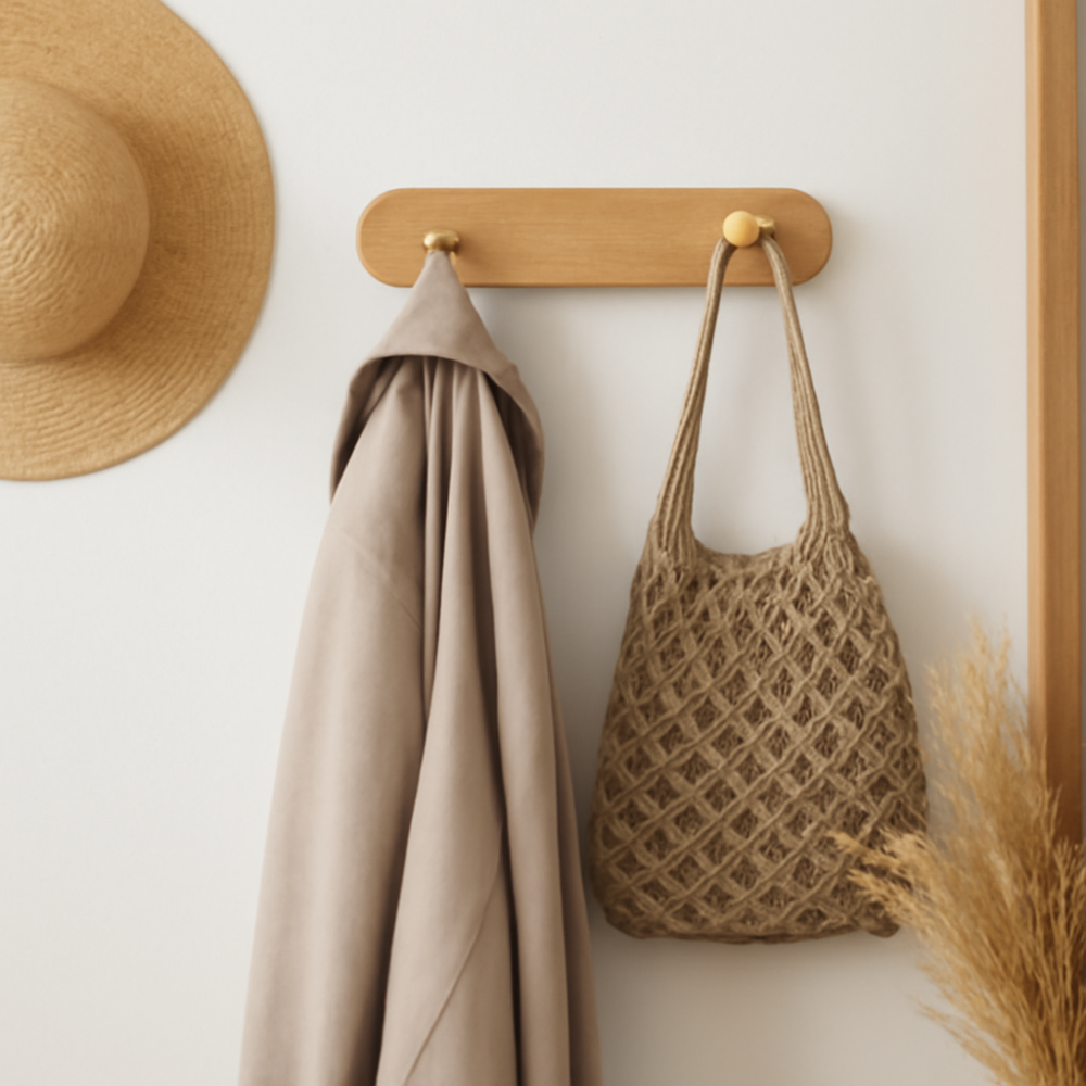 Rovanch Wall Hook Rack – Natural Wood Brass Coat Hooks Entryway Bedroom Bathroom Towel Organizer