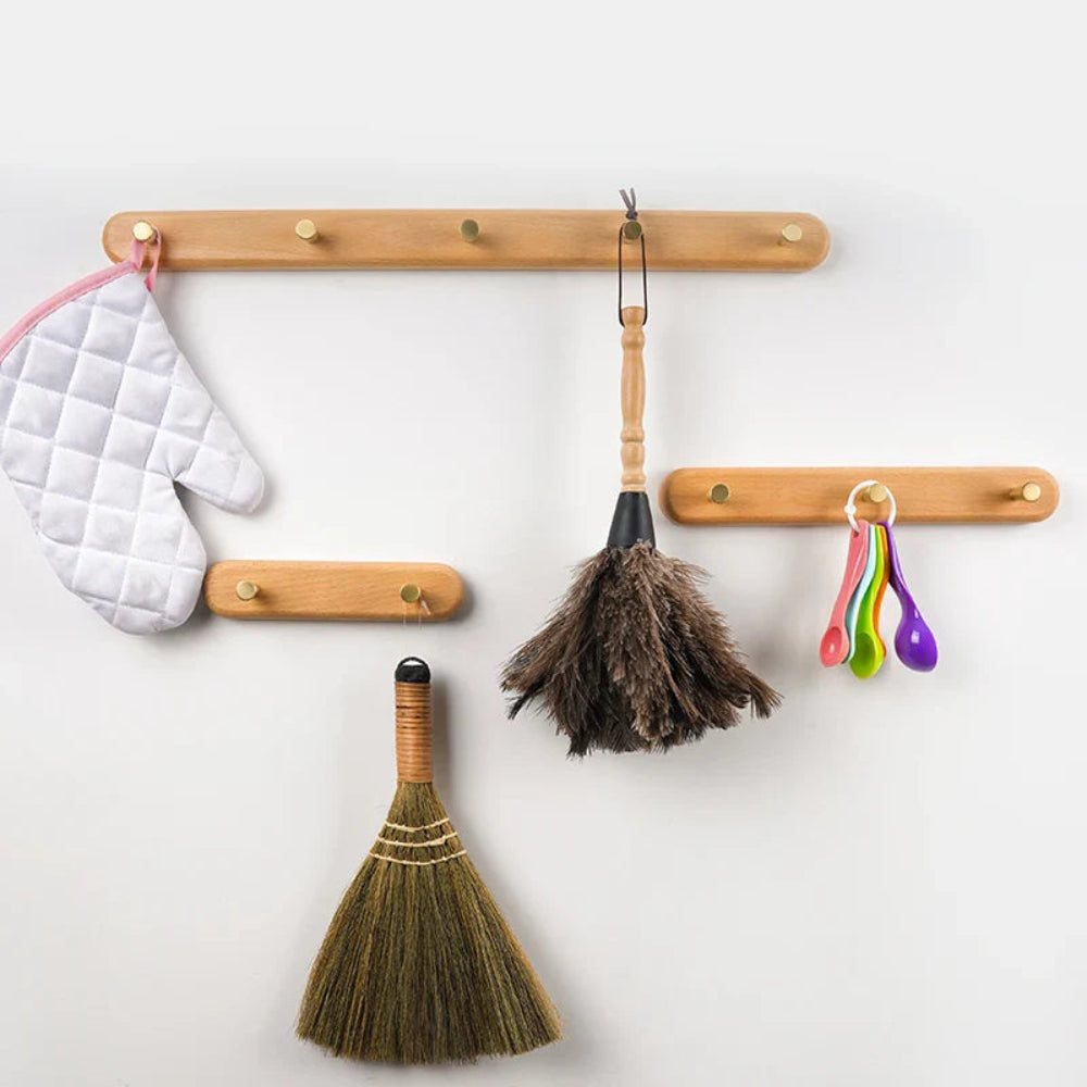 Rovanch Wall Hook Rack – Natural Wood Brass Coat Hooks Entryway Bedroom Bathroom Towel Organizer