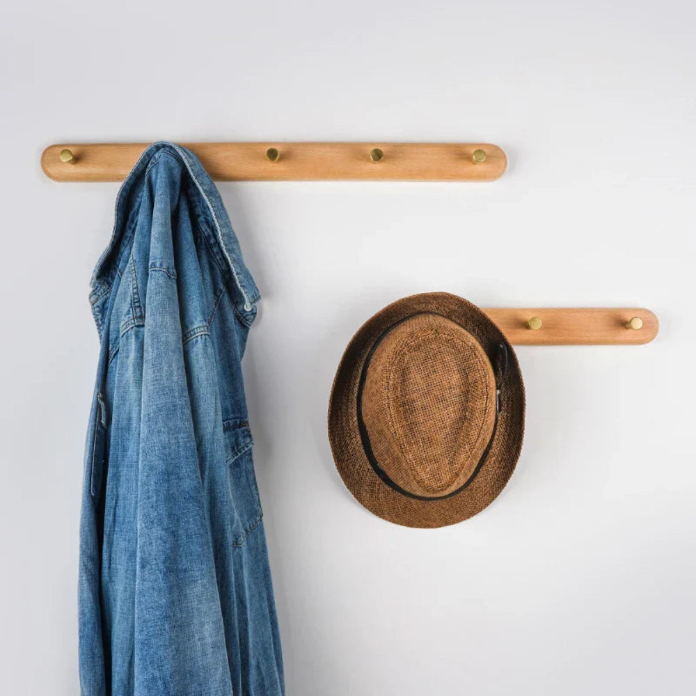 Rovanch Wall Hook Rack – Natural Wood Brass Coat Hooks Entryway Bedroom Bathroom Towel Organizer