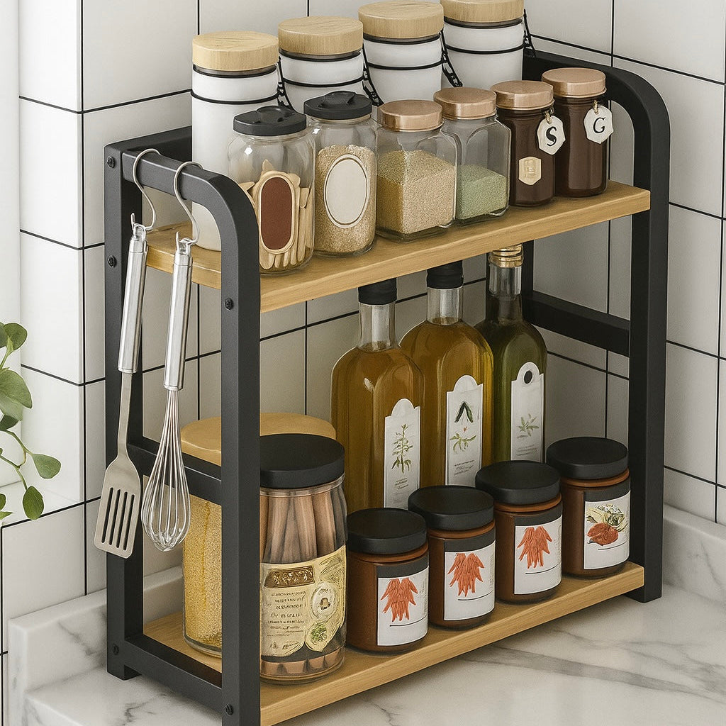 Stratum Spice Rack – Kitchen Counter Organizer 2 Tier Wood Black Metal Shelf Storage