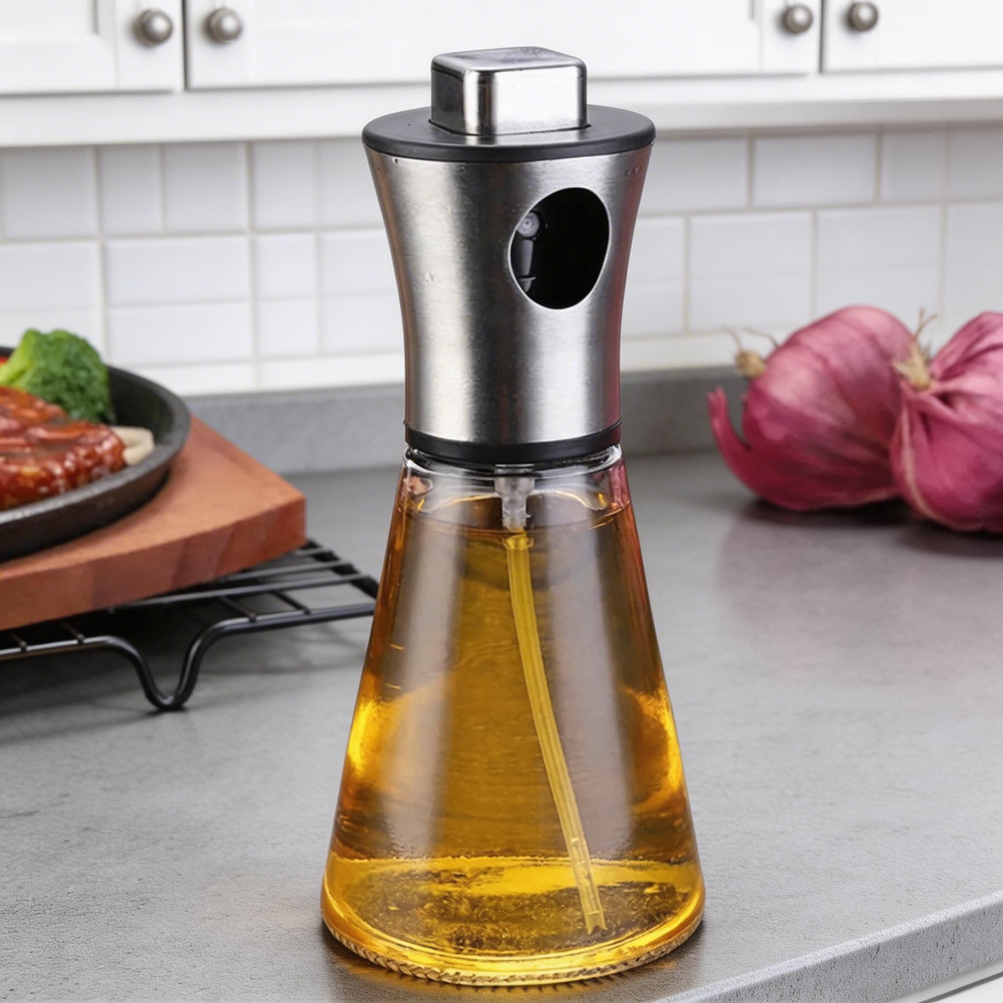 Veriso Oil Dispenser Bottle – Glass Stainless Steel Kitchen Spray Mister Olive Cooking