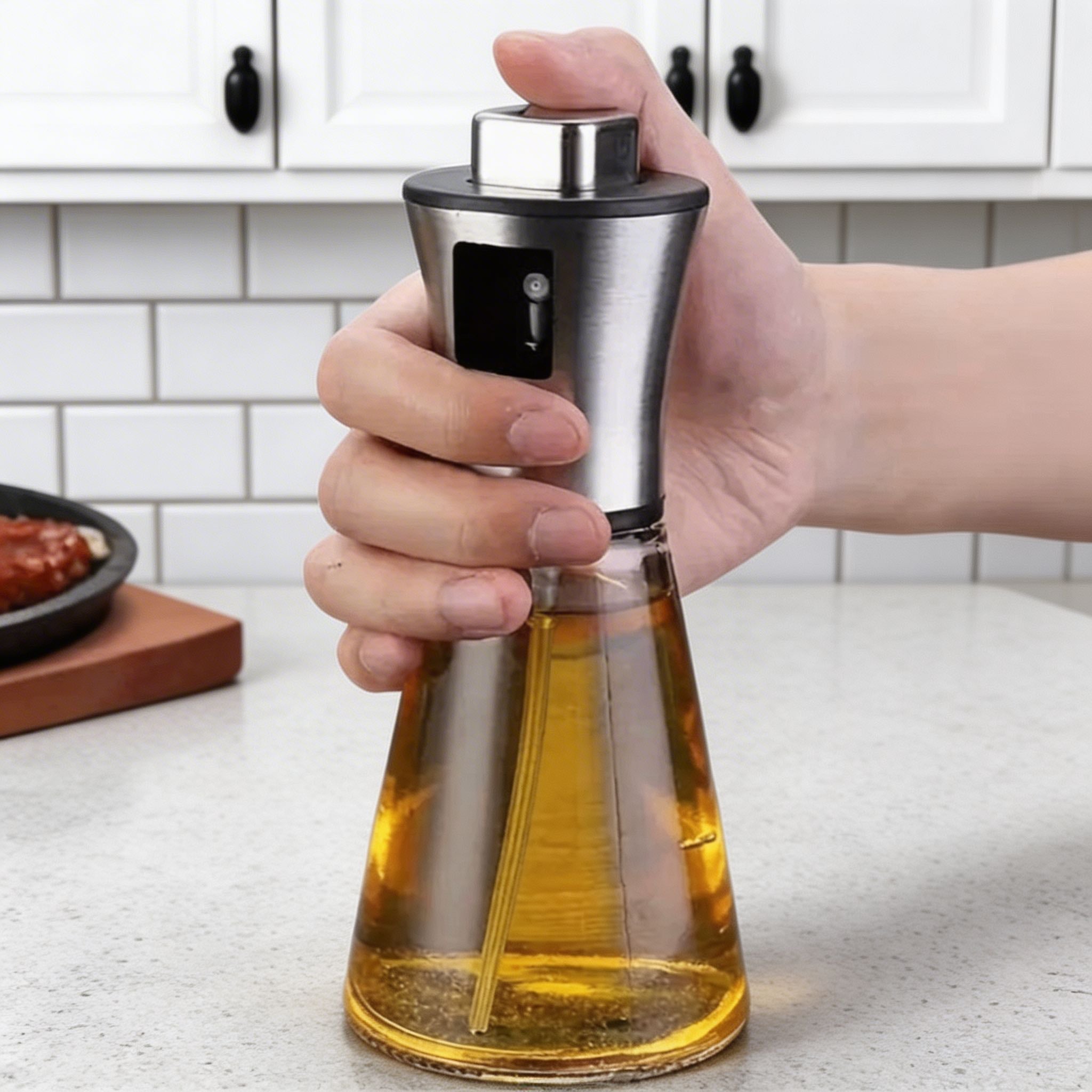 Veriso Oil Dispenser Bottle – Glass Stainless Steel Kitchen Spray Mister Olive Cooking