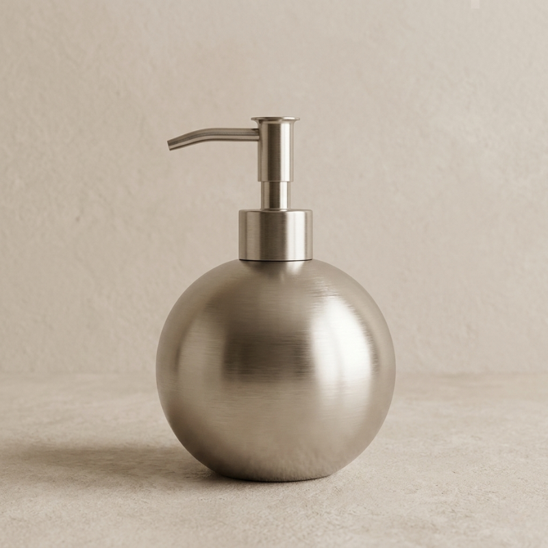 Orbis Sphere Soap Dispenser – Brushed Stainless Steel Countertop Pump Bathroom Kitchen Lotion Shampoo
