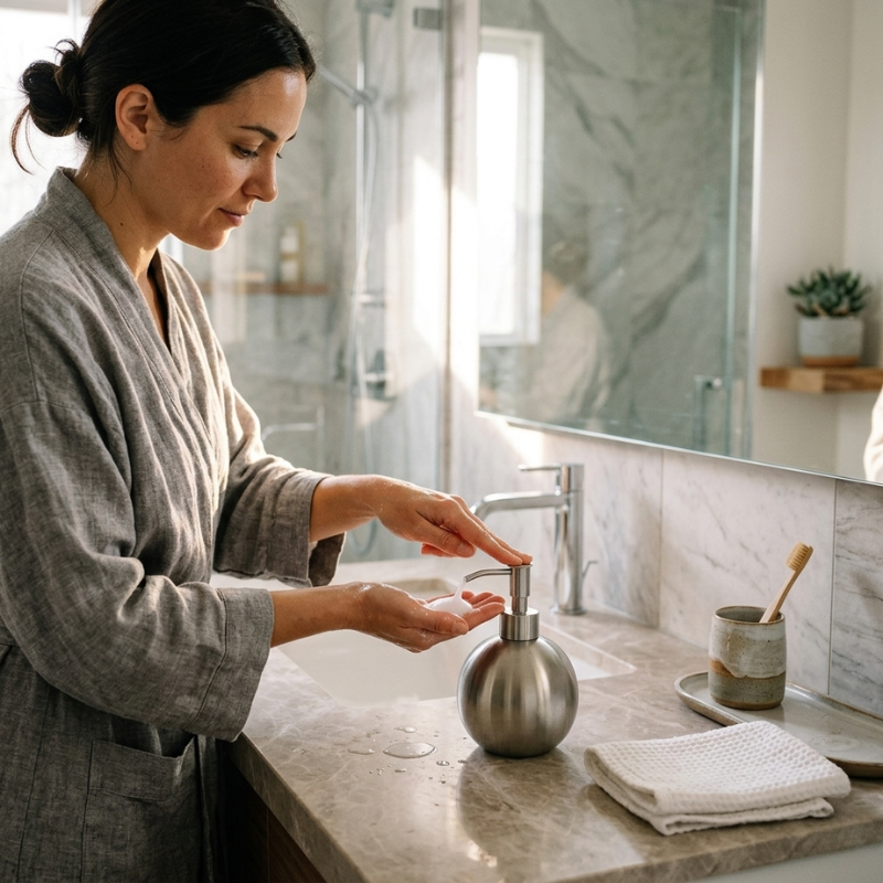 Orbis Sphere Soap Dispenser – Brushed Stainless Steel Countertop Pump Bathroom Kitchen Lotion Shampoo