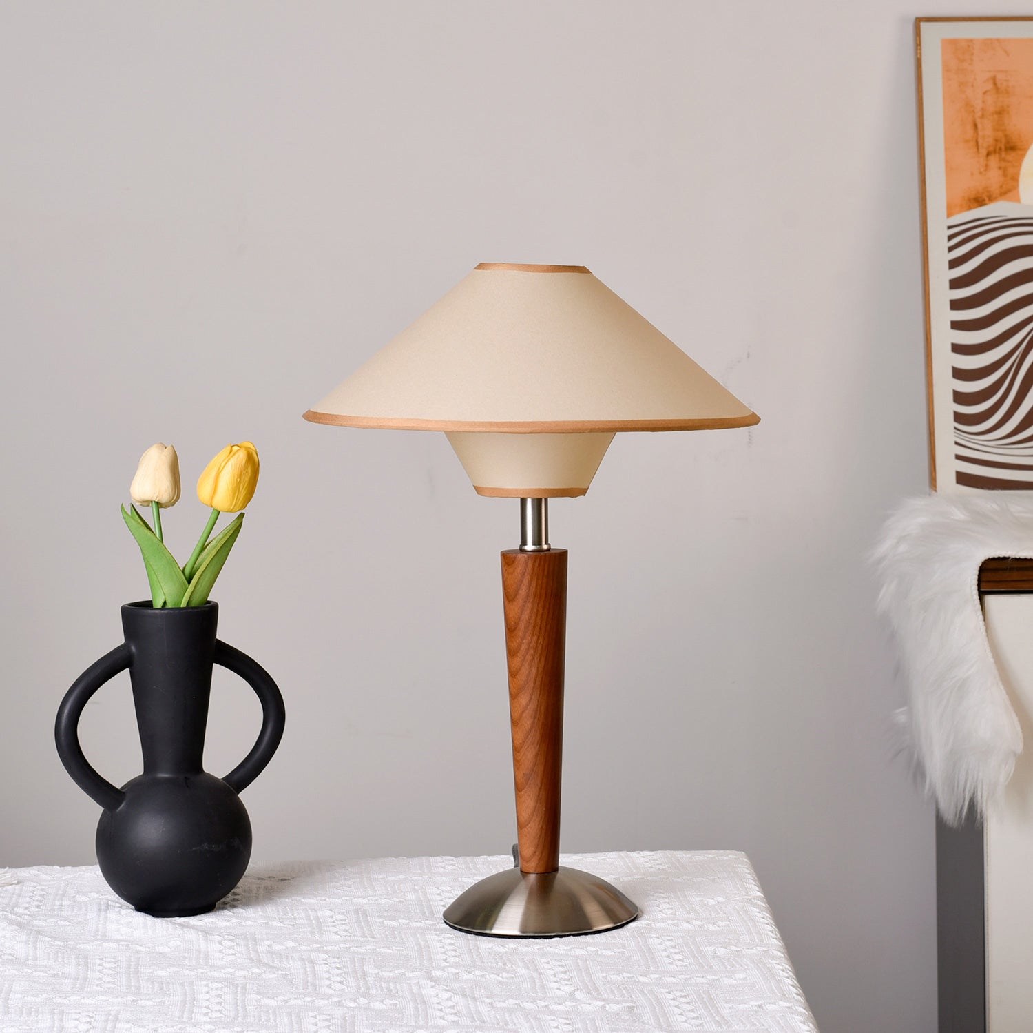 Talwood Dome Table Lamp – Oak Linen Shade Table Lighting Fixture