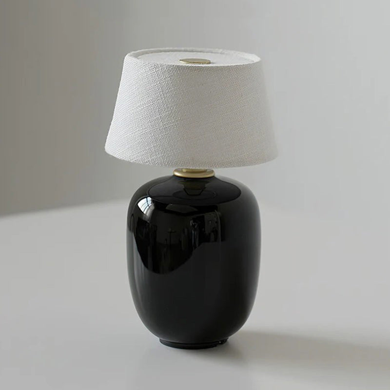 Hearthside Table Lamp – Battery Powered Linen Shade Brass Button Soft Ambient Light