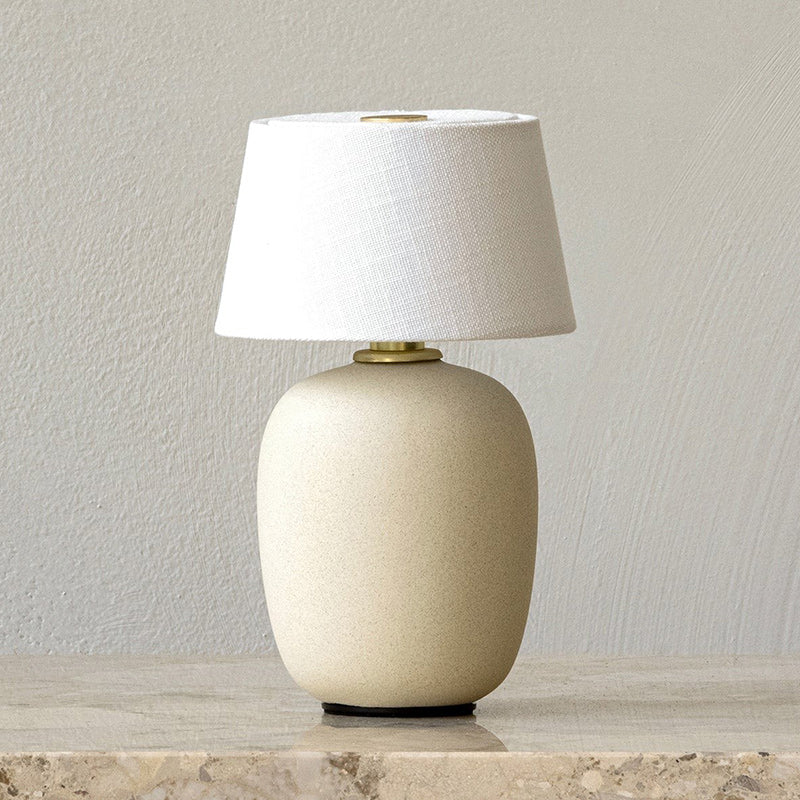 Hearthside Table Lamp – Battery Powered Linen Shade Brass Button Soft Ambient Light