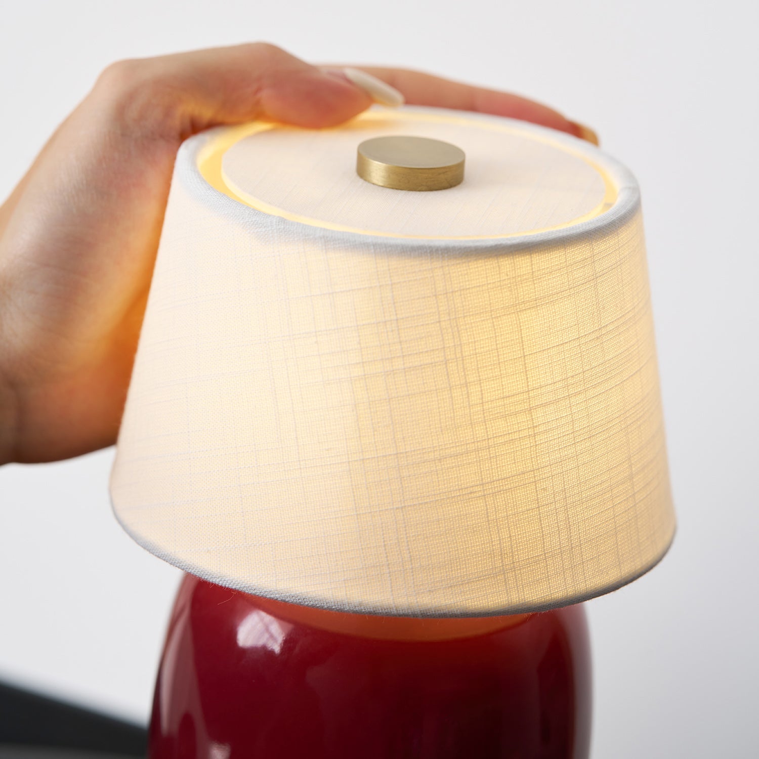 Hearthside Table Lamp – Battery Powered Linen Shade Brass Button Soft Ambient Light