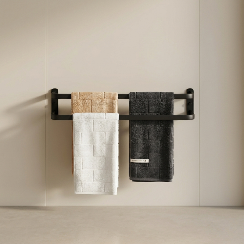 Stratos Towel Rack – Wall Mounted Black Metal Bathroom Organizer Space Saving 3 Tier Storage