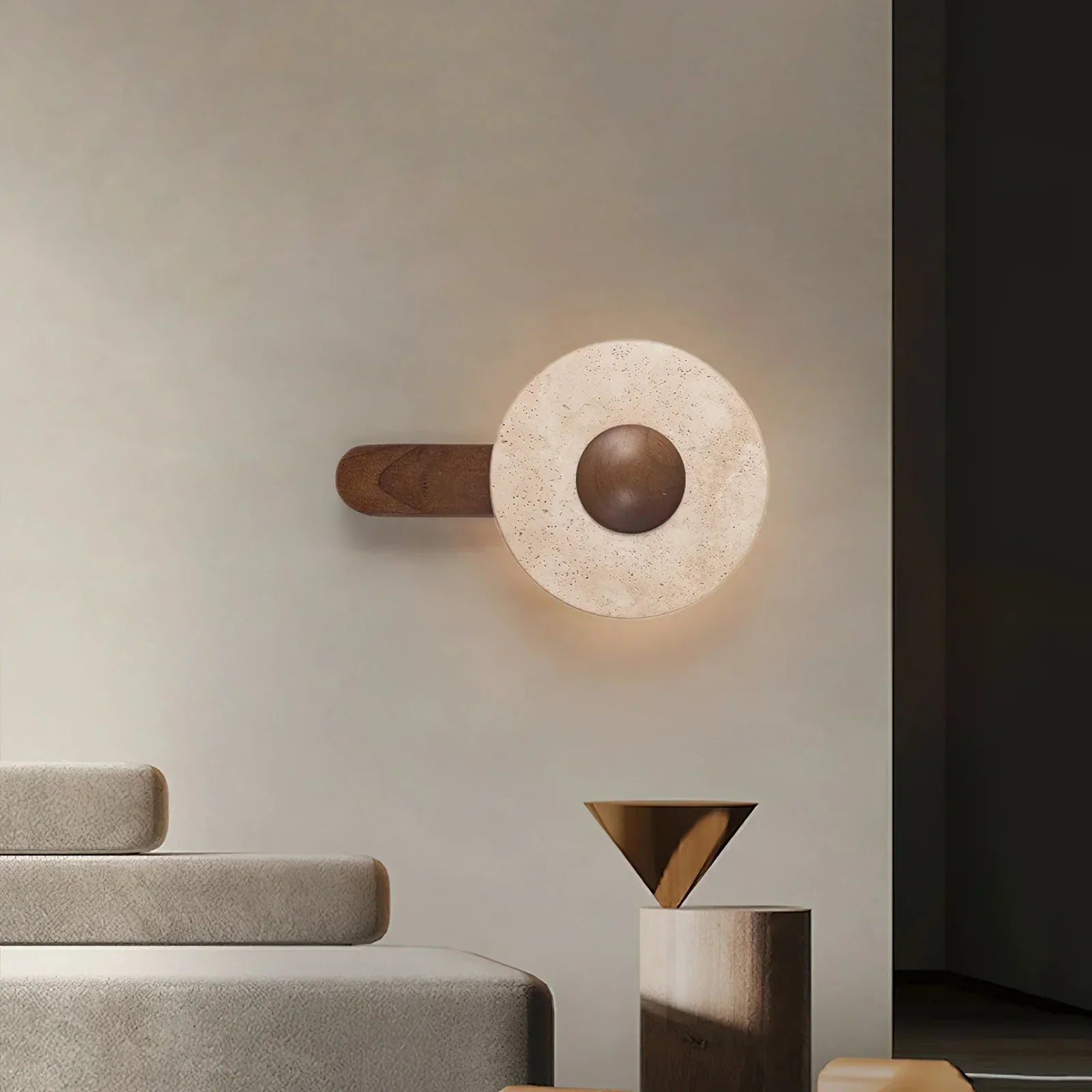 Terra Dome Wall Lamp – Moonlit Travertine Dark Wood Wall Light