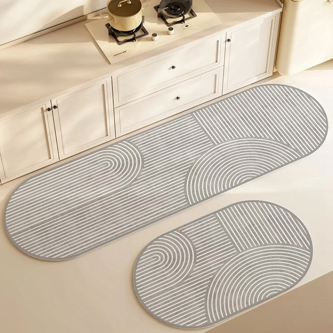 Lineo Kitchen Floor Mat Set – Non-Slip Absorbent Runner Rug Grey Geometric Stripe Pattern Water-Resistant