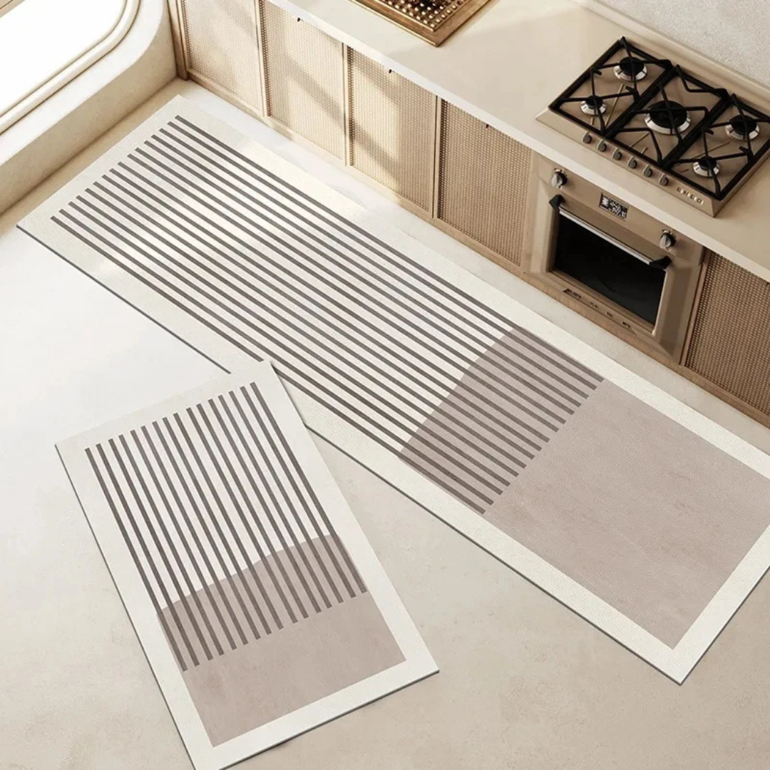 Lineo Kitchen Floor Mat Set – Non-Slip Absorbent Runner Rug Grey Geometric Stripe Pattern Water-Resistant