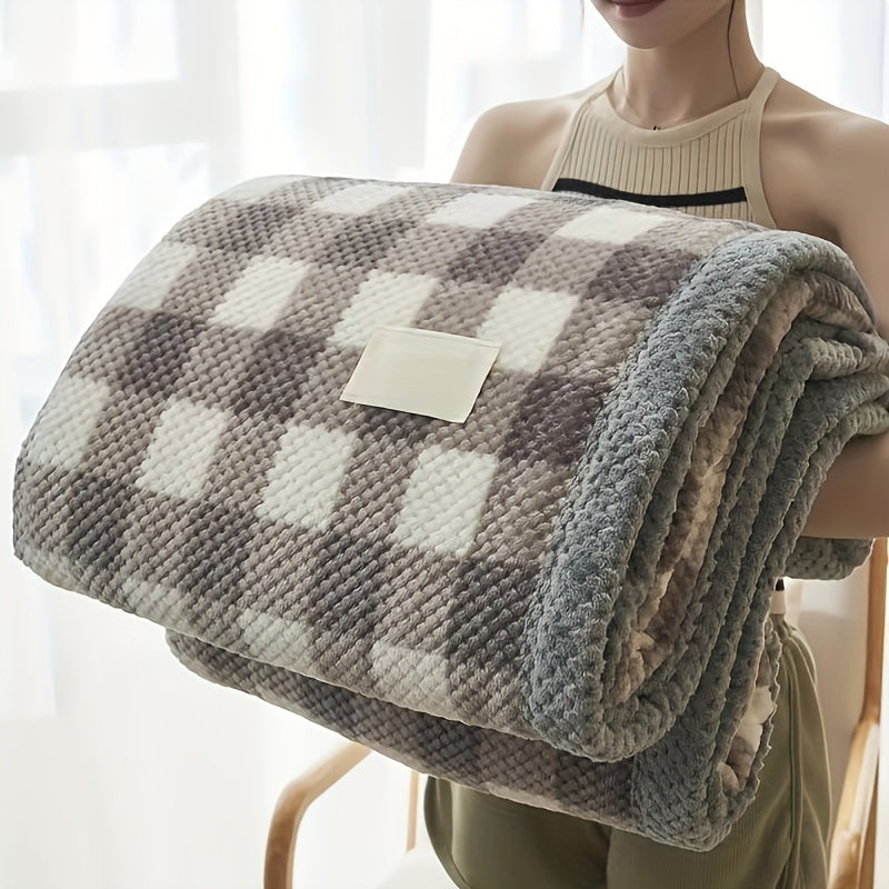 Checkra Coral Fleece Throw Blanket – Ultra Soft Plaid Bed Sofa Cozy Warm Lightweight Machine Washable