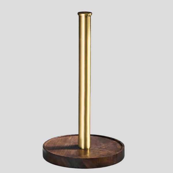 Valdrin Paper Towel Holder – Standing Kitchen Countertop Organizer Walnut Wood Gold Brass Modern