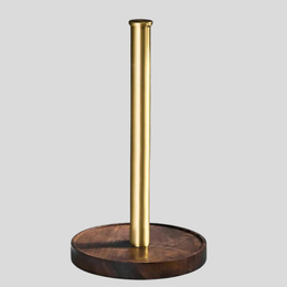 Valdrin Paper Towel Holder – Standing Kitchen Countertop Organizer Walnut Wood Gold Brass Modern