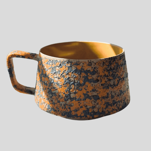 Ferrus Patina Coffee Mug – Handcrafted Ceramic Mug Gold Interior Wide Handle Rustic Kitchen Decor