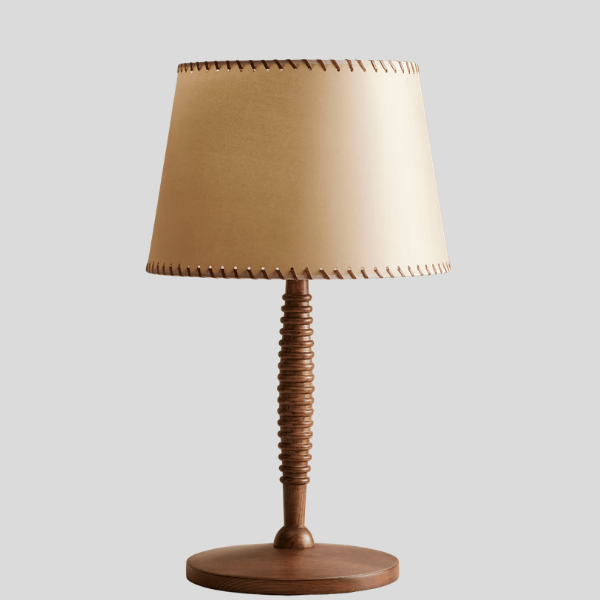 Rondley Table Lamp – Wooden Turned Base Fabric Shade Hand Stitched Bedside Living Room Decorative Lighting