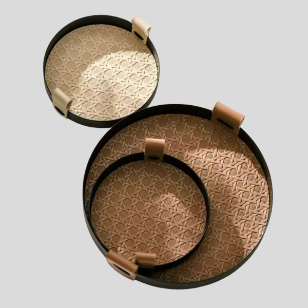 Kintara Round Serving Tray Set – Woven Bamboo Decorative Trays Black Rim Leather Handles Home Decor