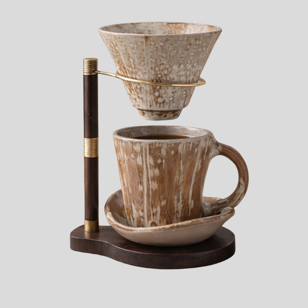 Hikari Pour-Over Coffee Dripper Set – Ceramic Handmade Artisan Coffee Maker Wood Stand Gold Accent