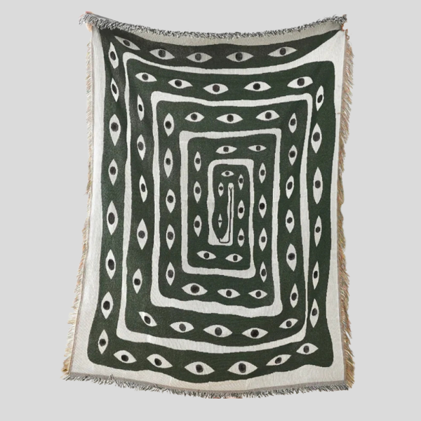 Mystara Woven Throw Blanket – Geometric Eye Pattern Cotton Fringe Living Room Bedroom Decor
