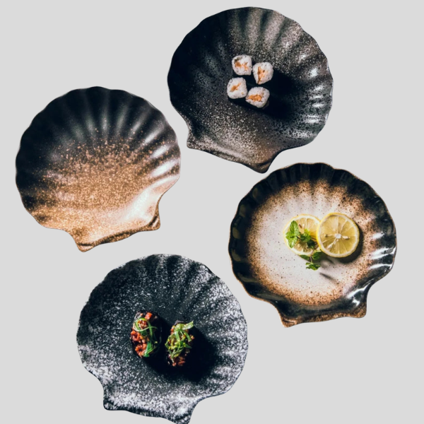 Maré Shell Ceramic Plate Set – Scalloped Edge Dinnerware Plates Kitchen Dining Table Serving Dishes 4 Piece