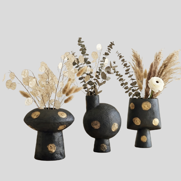 Orbito Decorative Vase Set – Black Gold Dot Ceramic Living Room Table Decor Textured Modern Home