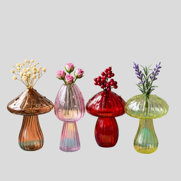 Verrida Mushroom Glass Vase – Decorative Crystal Flower Vase Living Room Table Decor Set
