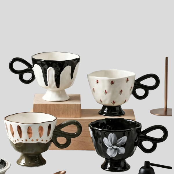 Valenca Teacup Set – Ceramic Coffee Mugs Decorative Butterfly Handle Footed Kitchen Drinkware