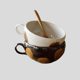 Vellori Ceramic Coffee Mug Set – Handcrafted Latte Cups Wooden Spoon Kitchen Home Decor Tableware
